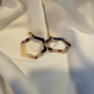 Hexagon Tortoiseshell Hoop Earrings - Beige and Brown